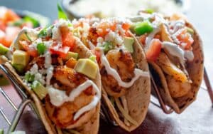 Shrimp tacos with avocado and cotija cheese, best tacos in Brandon FL