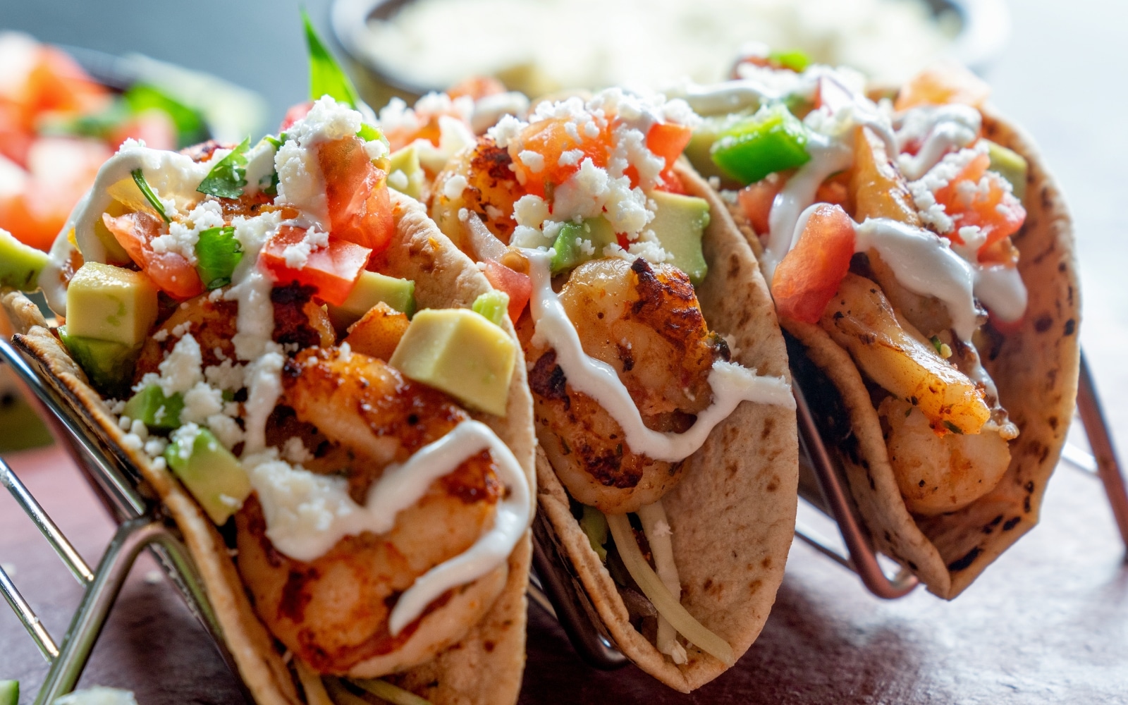 Shrimp tacos with avocado and cotija cheese, best tacos in Brandon FL