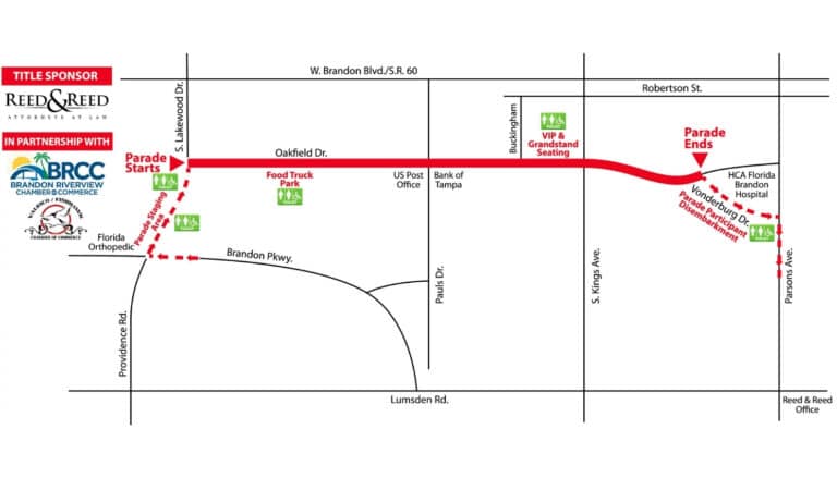 Brandon Parade of Lights route map showing parade start at South Lakewood Drive and end at Vonderburg Drive