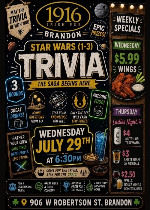 Star Wars Trivia event at 1916 Irish Pub Brandon in Brandon Florida