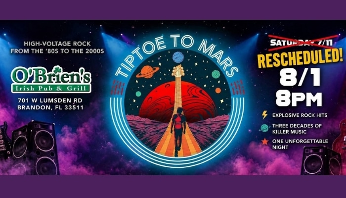 Tiptoe to Mars live music event at O’Brien’s Irish Pub and Grill in Brandon Florida