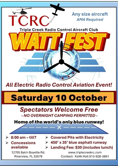Wattfest 2026 all-electric radio control aviation event in Riverview Florida