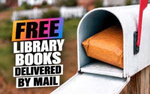 A mailbox holding a package, promoting Hillsborough County Borrow by Mail free library books