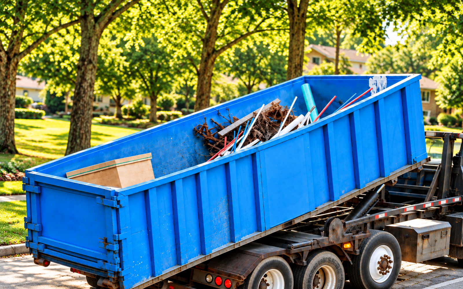 Blue roll-off dumpster in a neighborhood for the Hillsborough County Community Cleanup Program