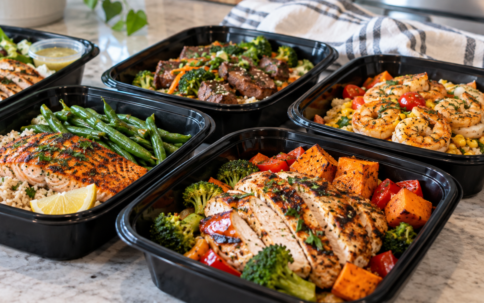Containers of salmon, steak, shrimp and grilled chicken with veggies, showing meal prep around Brandon